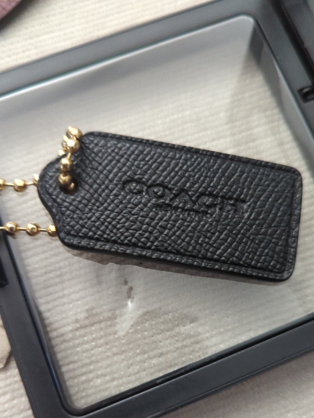 Coach 2" Black Textured Leather Tag With Gold Ball Chain